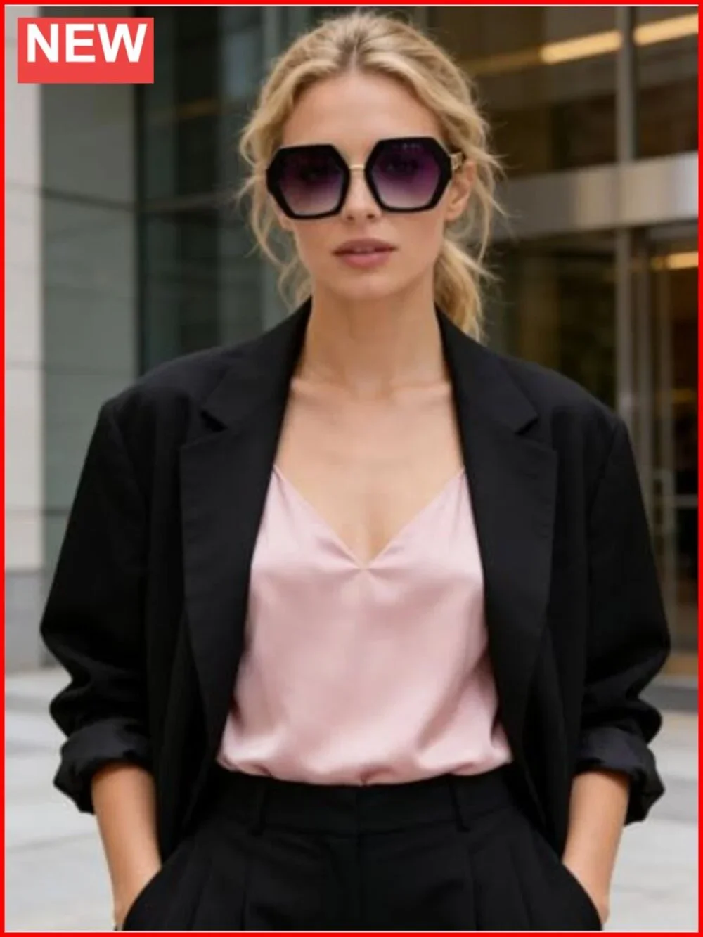 Oversized Hexagonal Retro Sunglasses with Gold Metal Accents